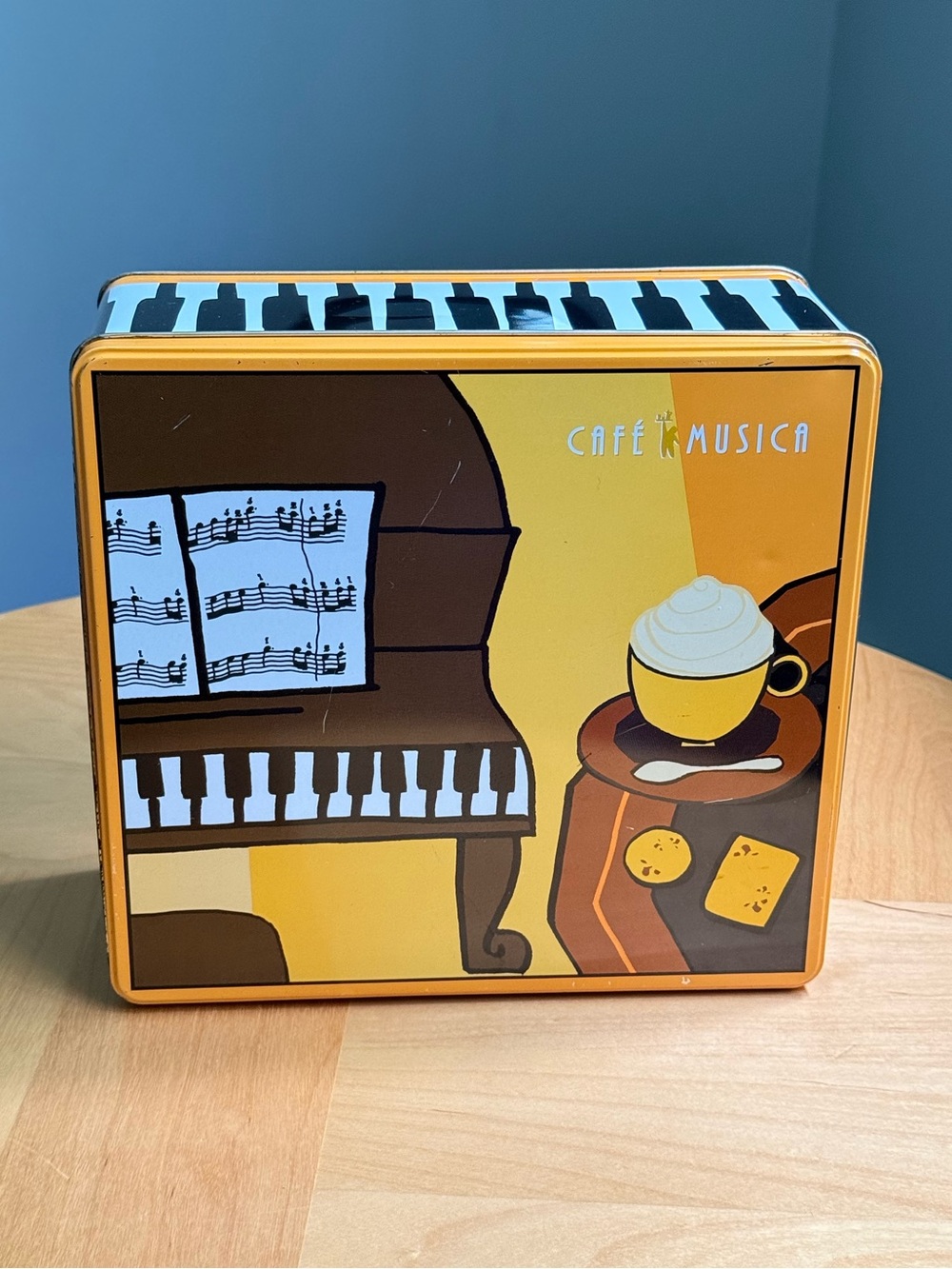 Vintage Lidded Square Tin Storing Box Cafe Musica Piano 70s Colourway